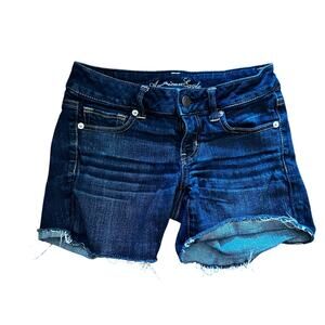 American Eagle Outfitters Dark Blue Distressed Midi Shorts with Raw Hem | 4